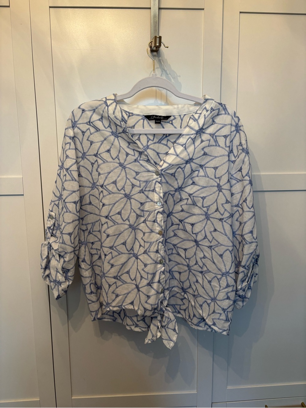 White Button-Front Top with Blue Floral Pattern